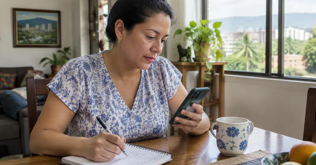 Mujer de unos cuarenta años en la mesa del comedor de su casa en Cali probando una app en su celular y escribiendo notas en una libreta, con luz natural de ventana