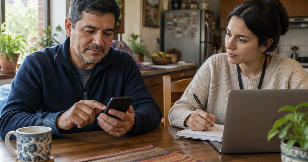 Middle-aged Colombian man at a kitchen table testing a wallet app on his phone while a researcher takes notes on a laptop beside him, warm home lighting