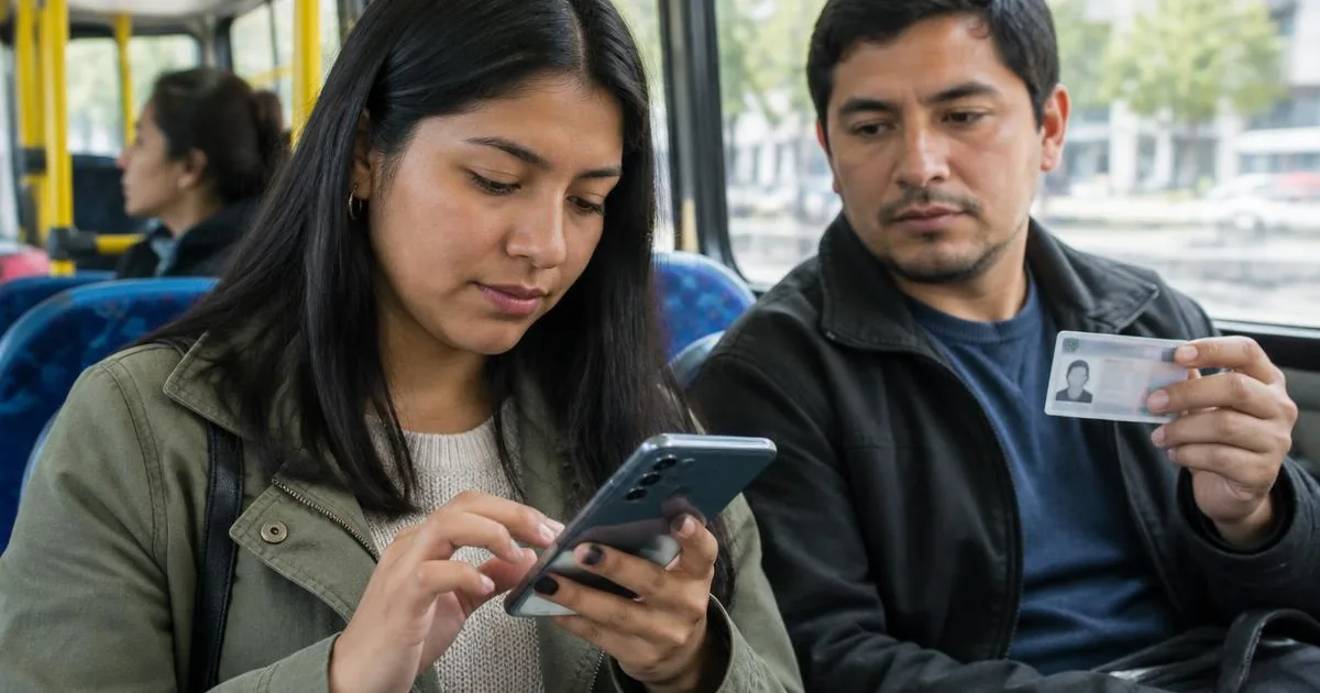 Young Latin American woman on a city bus testing a banking app on a mid-range Android phone while a man next to her holds a printed ID card, natural daylight