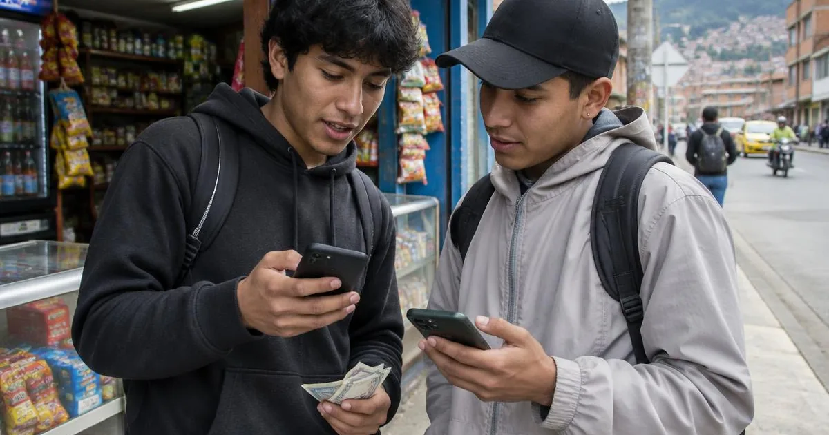 Two Latin American friends at a corner store comparing a mobile top-up on their Android phones, one holding cash, street scene in a Colombian city