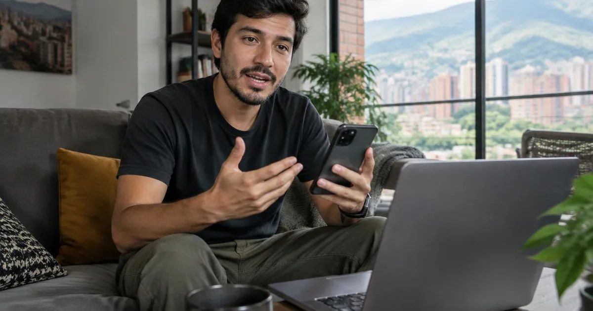 Hombre adulto en la sala de su apartamento en Medellín usando un celular y un portátil al mismo tiempo, probando una aplicación mientras habla en voz alta frente a la cámara