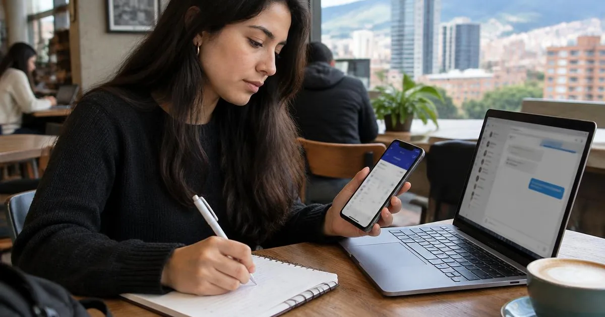 Mujer joven en una cafetería de Bogotá sosteniendo un celular con una app bancaria abierta mientras toma notas en una libreta, con un portátil al lado mostrando un chat de atención