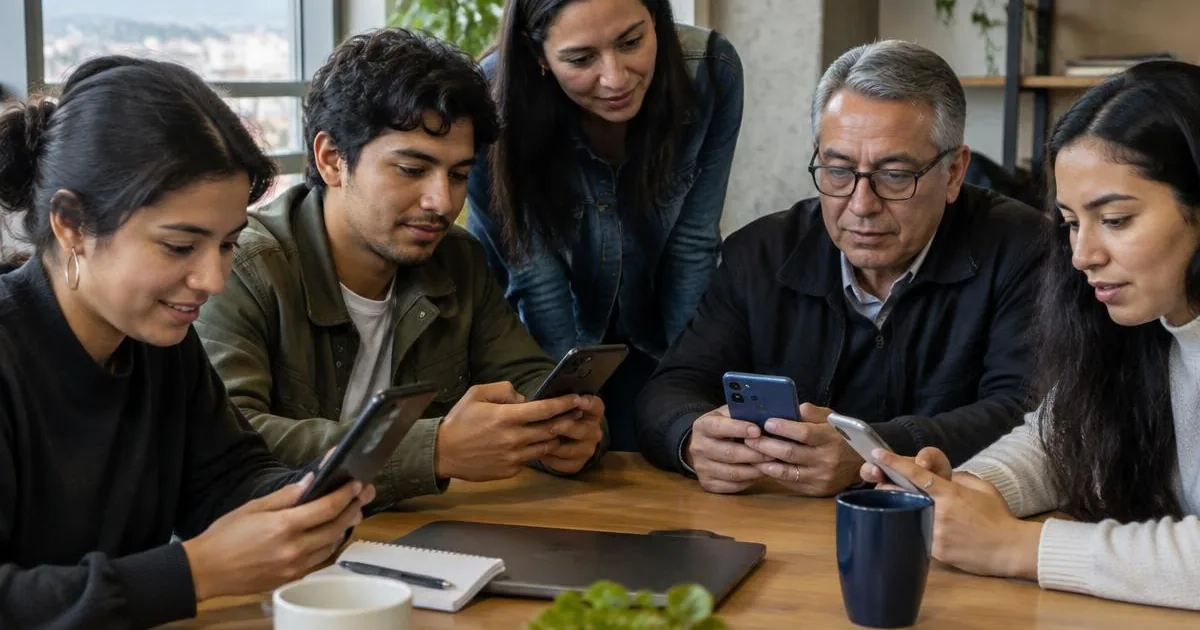 Grupo de personas de distintas edades en Colombia probando una app en celulares de diferentes gamas sobre una mesa, ambiente de oficina informal, sin logos