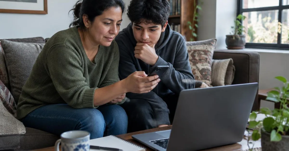 Latin American mother and her teenage son sitting on a sofa, looking together at a phone during a remote research session, laptop open on the coffee table