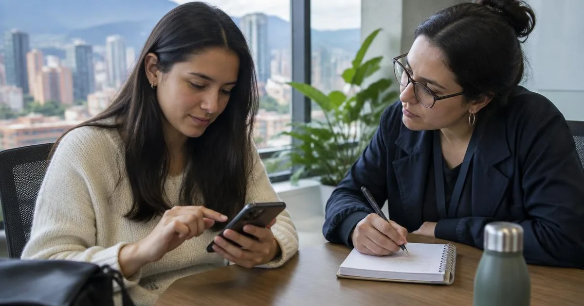 Mujer joven en una oficina de Bogotá usando una app bancaria en su celular mientras una investigadora toma notas a su lado, luz natural, sin logos visibles