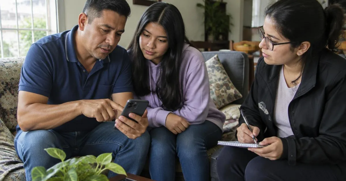 Padre y su hija adolescente sentados en la sala de su casa en Colombia revisando juntos una app de billetera digital en un celular, mientras una investigadora toma notas a su lado