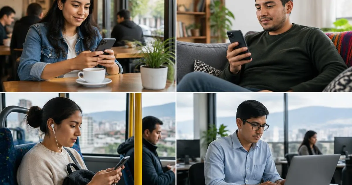 Varias personas en distintos lugares de una ciudad latinoamericana usando la misma app en celulares y portátiles diferentes, composición en mosaico, sin logos